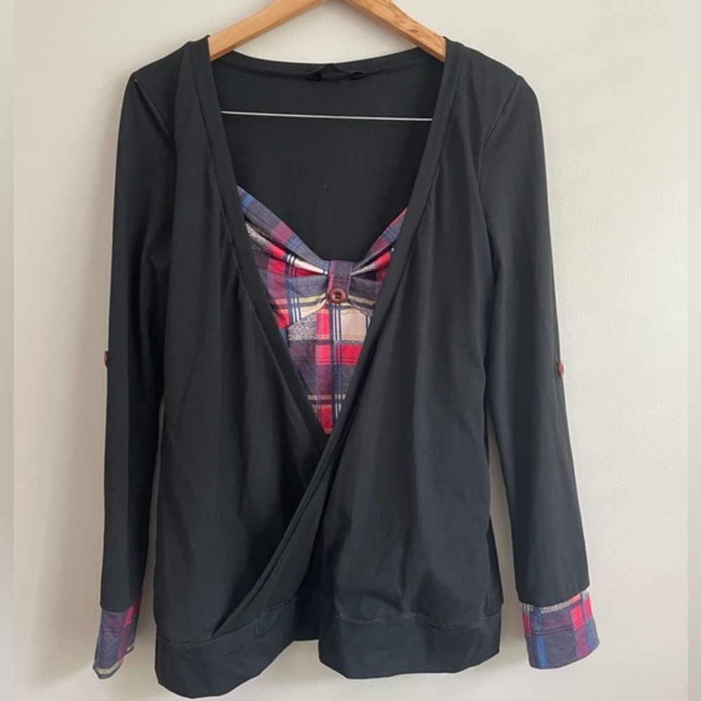 Chicme Women’s Long Sleeve Roll Tab Blouse Top Shirt Medium‎ Black Plaid Stretch